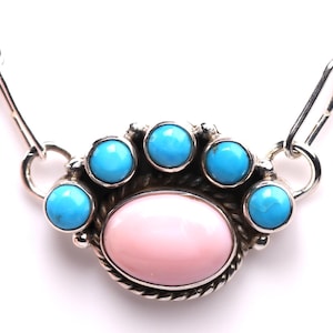 Southwestern Bear Paw Complete Necklace - Paperclip Chain Included! - Sterling Silver Sleeping Beauty Turquoise & Pink Conch Jewelry
