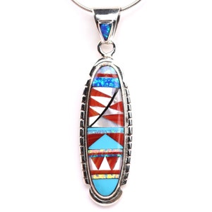 Sterling Silver Inlay Pendant - One of a Kind Geometric Southwestern Necklace - Unique Gift Jewelry - Mother of Pearl, Opals