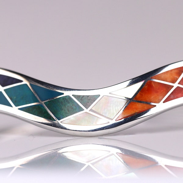 One of a Kind Inlay Geometric Bracelet - Size 7" - Mother of Pearl, Spiny Oyster, Sodalite, & Chrysocolla Sterling Silver Cuff