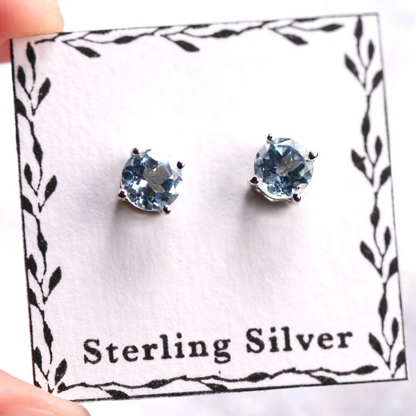 Blue Topaz Stud Earrings - 5mm Round Cut - Sterling Silver Stud Earrings - December Birthstone Studs - Simple Modest Jewelry