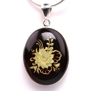 Sterling Silver Dark Amber Pendant - Hand Carved Reverse Intaglio Jewelry - Genuine One of a Kind Baltic Amber Pendant - Blooming Rose