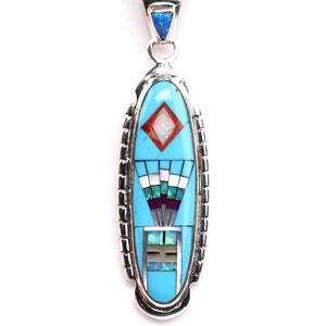 Sterling Silver Inlay Pendant - One of a Kind Geometric Southwestern Necklace - Unique Gift Jewelry - Mother of Pearl, Turquoise, Opals