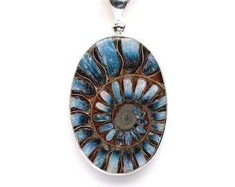 Large Ammonite Pendant with Blue Ice Glacierite Inlay - Sterling Silver Statement Necklace - Ammonite Fossil Jewelry