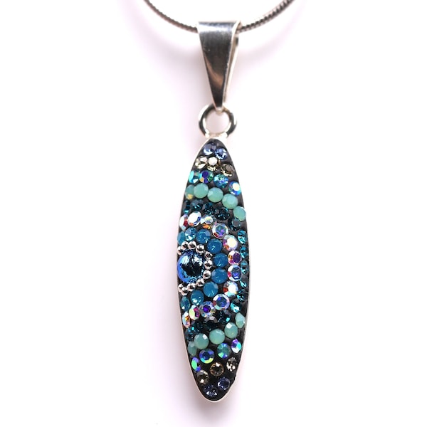 Sterling Silver Micro Mosaic Pendant - Featuring Dichroic Glass & Austrian Crystal - Handmade Jewelry - Sparkly, Colorful, Unique