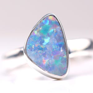 Size 9 - Sterling Silver Genuine Australian Boulder Opal Doublet Ring - October Birthstone - Rainbow White Fire Opal Jewelry