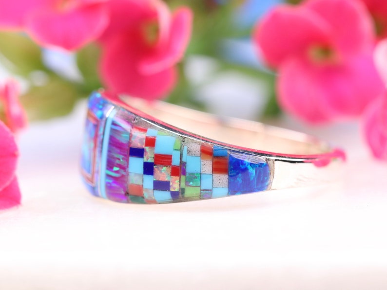 Size 9 Fire Opal Zuni Inspired Inlay Ring One of a Kind Rainbow Ring Sterling Silver Geometric Multicolor Gemstone Inlay Jewelry