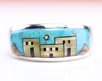 Southwestern Geometric Turquoise Adobe Gemstone Inlay Ring - Sterling Silver Micro Mosaic Inlaid Jewelry - Unique Gift for Her