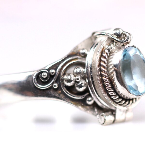 Blue Topaz Sterling Silver Poison Ring - December Birthstone Jewelry - Locket Ring