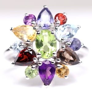 Bague en argent sterling avec plusieurs pierres précieuses - Pierres naturelles dont grenat, citrine, iolite, péridot, cornaline, topaze bleue et améthyste