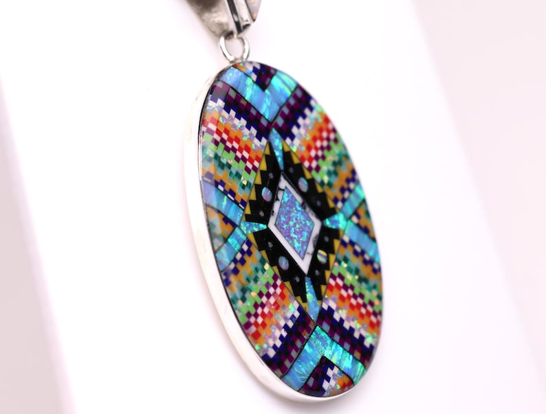 Large One of a Kind Sterling Silver Micro Inlay Pendant - Unique Artisan Necklace - Southwestern Jewelry - Colorful Handmade Fire Opal Gift image 2