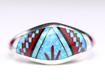 Southwestern Geometric Multicolor Blue Fire Opal & Mother of Pearl Gemstone Inlay Ring - Sterling Silver Micro Mosaic Inlaid Jewelry