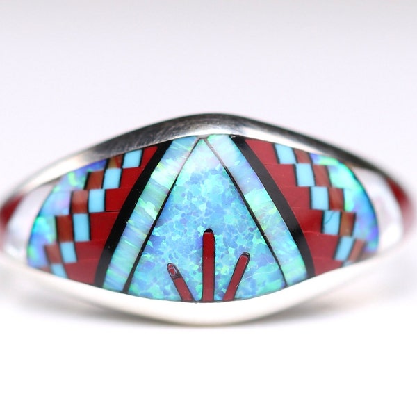 Southwestern Geometric Multicolor Blue Fire Opal & Mother of Pearl Gemstone Inlay Ring - Sterling Silver Micro Mosaic Inlaid Jewelry