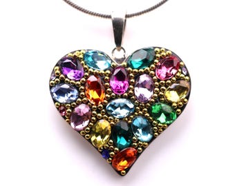One of a Kind Sterling Silver Micro Mosaic Heart Pendant - Featuring Dichroic Glass & Austrian Crystal