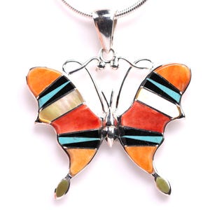 Southwestern Geometric Inlay Butterfly Pendant - Sterling Silver Jewelry - Made in the USA - One of a Kind Necklace - Turquoise Spiny Oyster