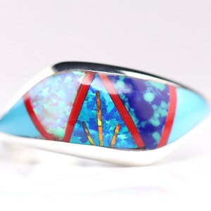 Sterling Silver Southwestern Geometric Multicolor Gemstone Inlay Ring - One of a Kind Inlaid Jewelry - Turquoise, Blue Fire Opal