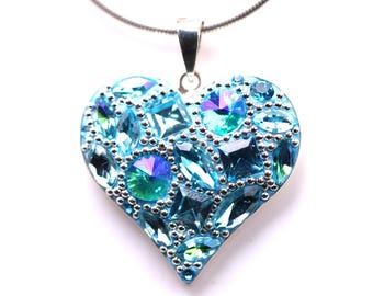 One of a Kind Sterling Silver Micro Mosaic Heart Pendant - Featuring Dichroic Glass & Austrian Crystal
