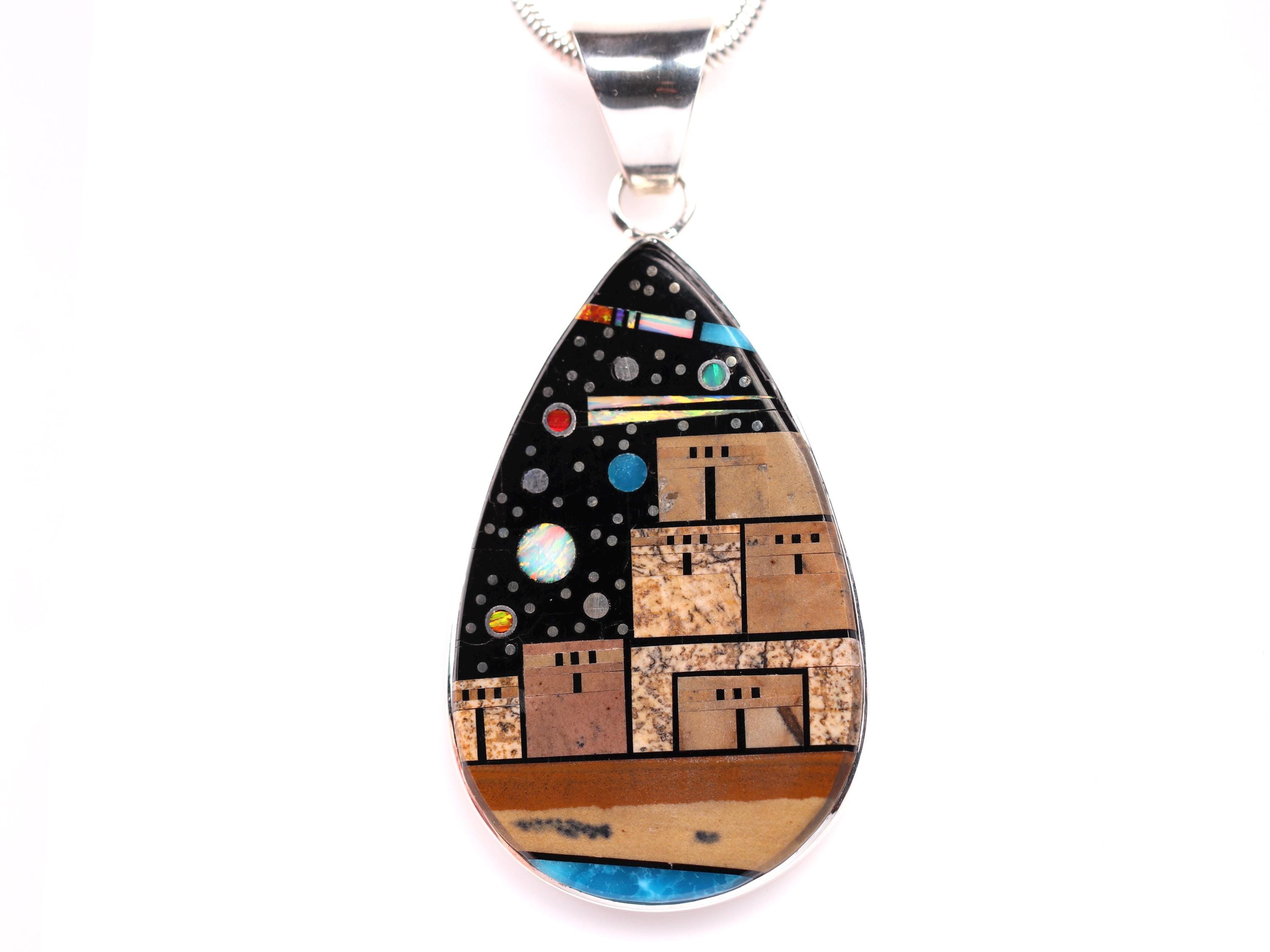 Awesome Vintage Native American Navajo Inlay Tiger Eye Pueblo Cosmic Scene Silver Necklace Awesome Vintage Native American Navajo Inlay Tiger Eye Pueblo Cosmic Scene Silver Necklace