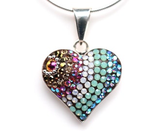 Sterling Silver Micro Mosaic Heart Pendant - Featuring Dichroic Glass & Austrian Crystal - Handmade Jewelry - Sparkly, Colorful, Unique