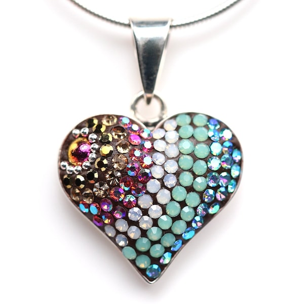 Sterling Silver Micro Mosaic Heart Pendant - Featuring Dichroic Glass & Austrian Crystal - Handmade Jewelry - Sparkly, Colorful, Unique