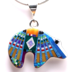 Southwestern Micro Inlay Bear Pendant - Sterling Silver Jewelry - One of a Kind Colorful Mosaic Necklace