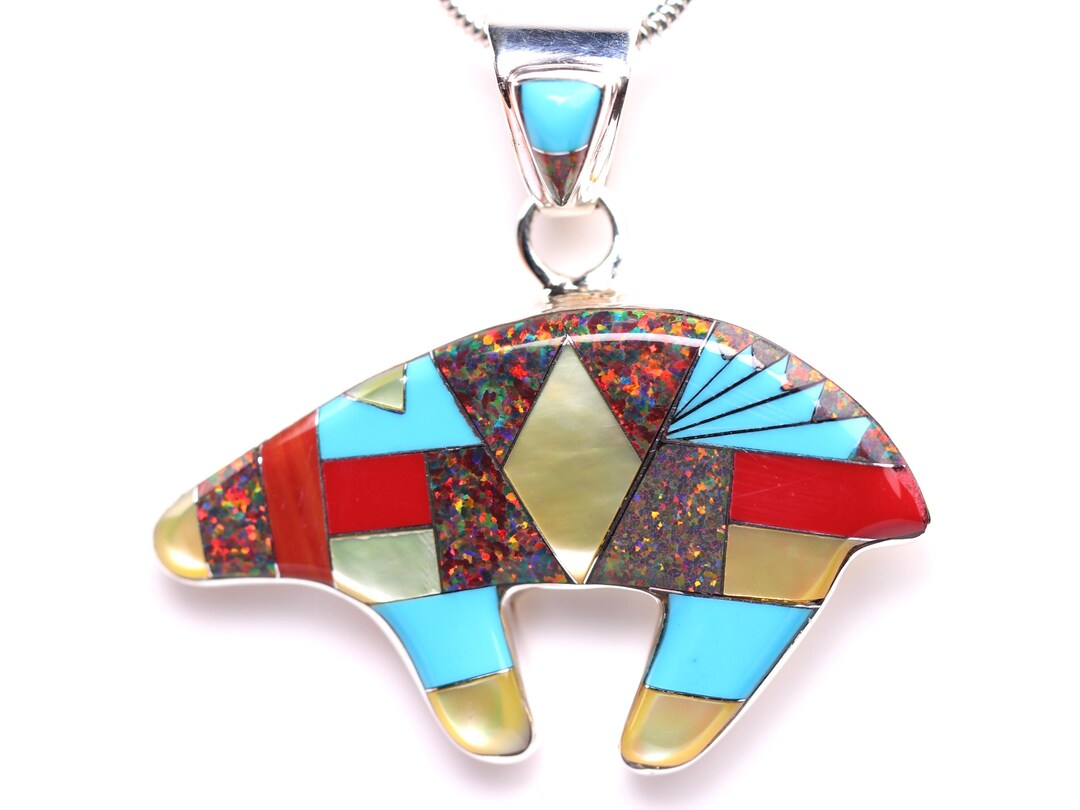 Sterling Silver Bear Inlay Pendant - One of a Kind Geometric Native ...