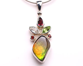 Ammolite, Garnet, White Topaz, and Peridot Pendant - Sterling Silver Jewelry