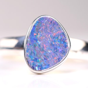 Size 10 - Sterling Silver Genuine Australian Boulder Opal Doublet Ring - October Birthstone - Rainbow White Fire Opal Jewelry