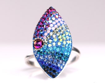 Sterling Silver Micro Mosaic Adjustable Ring - Featuring Dichroic Glass & Austrian Crystal - Handmade Sparkly, Colorful, Unique Gift Jewelry