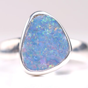 Size 8 - Sterling Silver Genuine Australian Boulder Opal Doublet Ring - October Birthstone - Rainbow White Fire Opal Jewelry