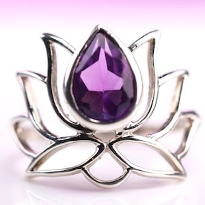 Amethyst Sterling Silver Lotus Flower Ring - Teardrop Cut / Pearcut Amethyst Crystal Ring - February Birthstone Jewelry