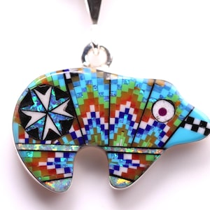 Southwestern Micro Inlay Bear Pendant - Sterling Silver Jewelry - One of a Kind Colorful Mosaic Necklace