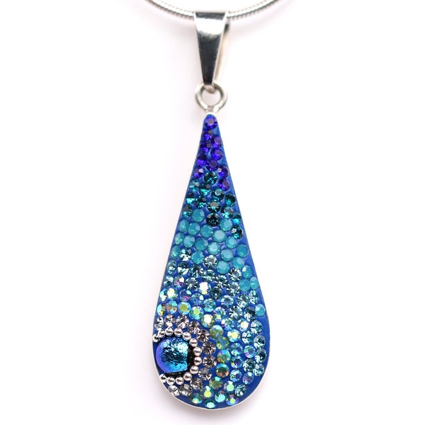 Sterling Silver Micro Mosaic Teardrop Pendant - Featuring Dichroic Glass & Austrian Crystal - Handmade Jewelry - Sparkly, Colorful, Unique
