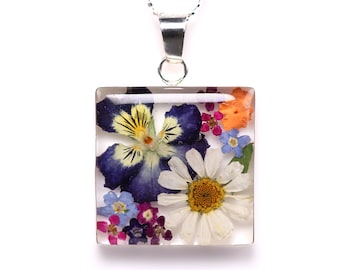 Sterling Silver Pressed Flower Necklace - Chain Included! Botanical Resin Jewelry - Terrarium, Wildflowers, Roses, Miniature Garden Gift