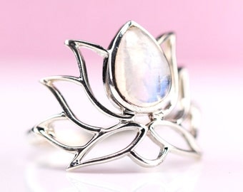 Sterling Silver Rainbow Moonstone Ring - June / Cancer Birthstone Jewelry - Lotus Flower Statement Piece