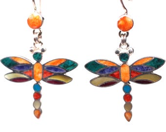 Sterling Silver Inlay Dragonfly Earrings with Spiny Oyster & Mother of Pearl