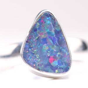 Size 8.5 - Sterling Silver Genuine Australian Boulder Opal Doublet Ring - October Birthstone - Rainbow White Fire Opal Jewelry