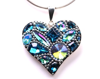 One of a Kind Sterling Silver Micro Mosaic Heart Pendant - Featuring Dichroic Glass & Austrian Crystal