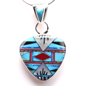 Sterling Silver Southwestern Inlay Pendant - One of a Kind Southwestern Pendant - Turquoise, Mother of Pearl, Red Coral, Fire Opal Necklace