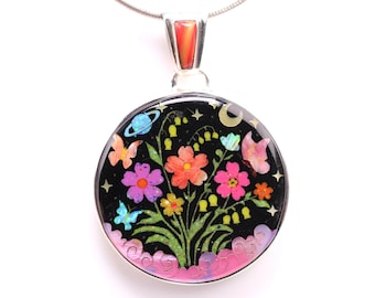 Sterling Silver Inlay Pendant with Outer Space, Night Sky, Flowers, Butterflies, and Clouds