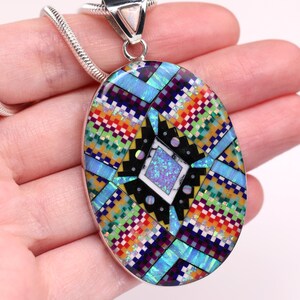 Large One of a Kind Sterling Silver Micro Inlay Pendant - Unique Artisan Necklace - Southwestern Jewelry - Colorful Handmade Fire Opal Gift image 3