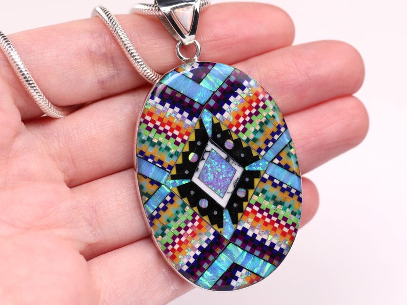 Large One of a Kind Sterling Silver Micro Inlay Pendant - Unique Artisan Necklace - Southwestern Jewelry - Colorful Handmade Fire Opal Gift image 3