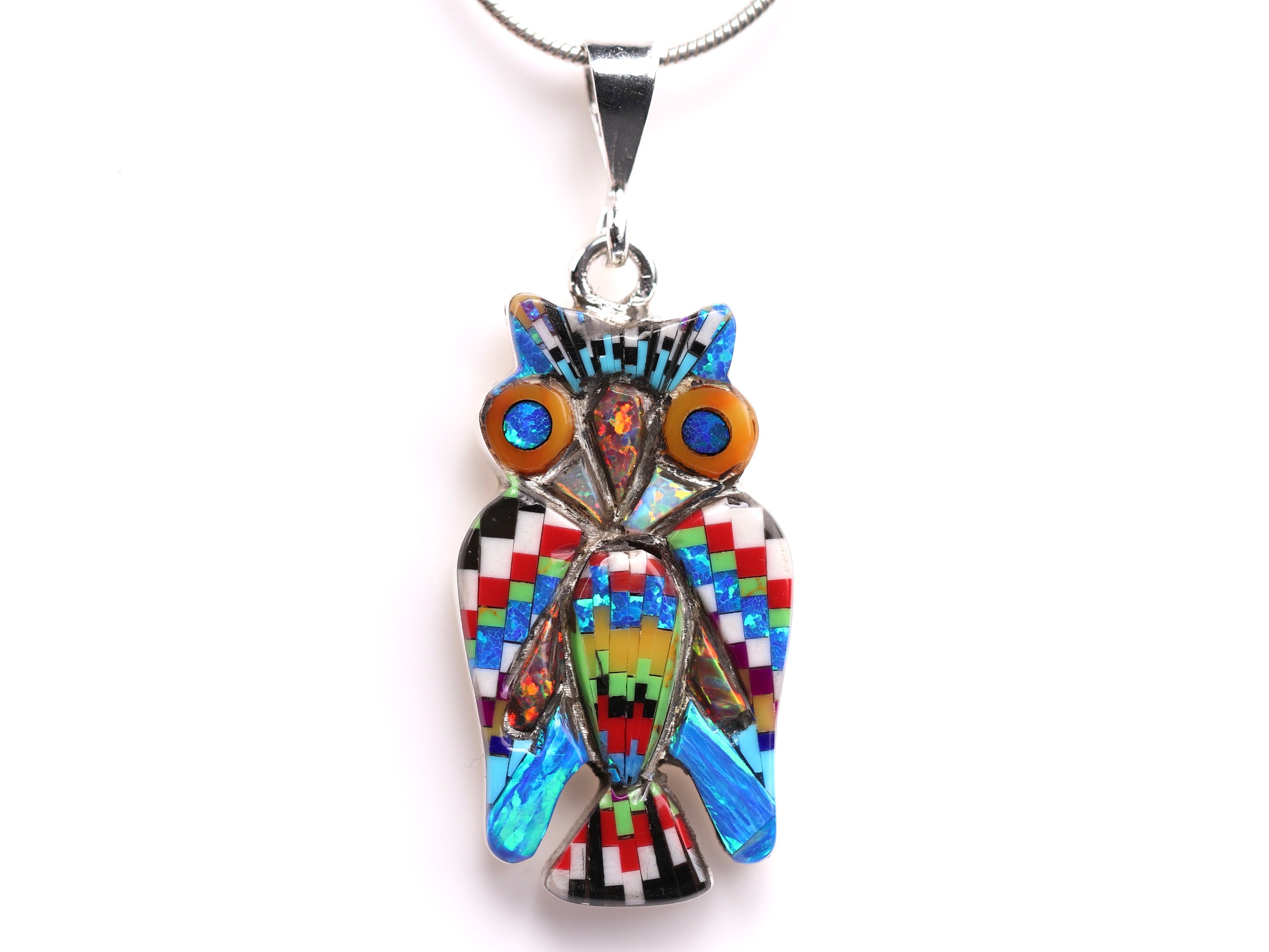 Sterling Silver Geometric Owl Inlay Pendant - One of a Kind Pendant - Animal Jewelry - Artisan Bird 