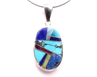 Sterling Silver Southwestern Native American Inlay Pendant - Turquoise Jewelry