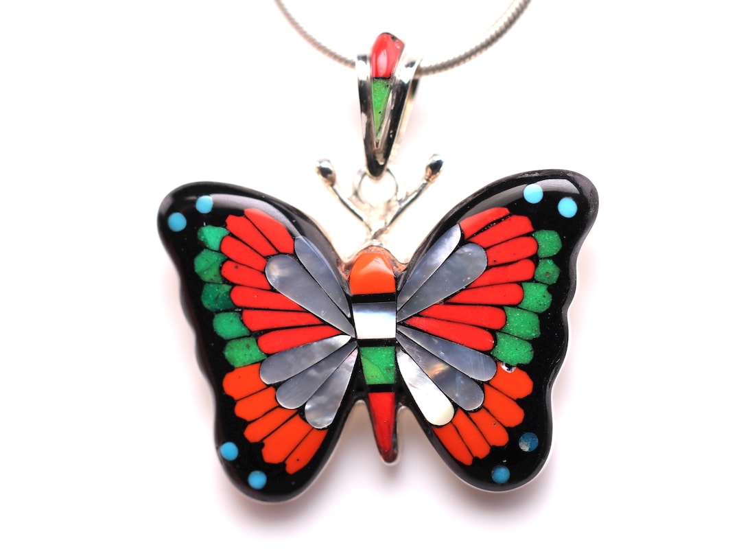 Insect Inlays Sterling Silver Butterfly Inlay Pendant - One of a Kind Handmade Micro ...
