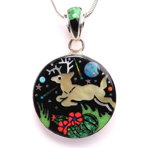 Sterling Silver Deer & Desert Inlay Pendant - One of a Kind Geometric Southwestern Necklace - Handmade Handcrafted Jewelry