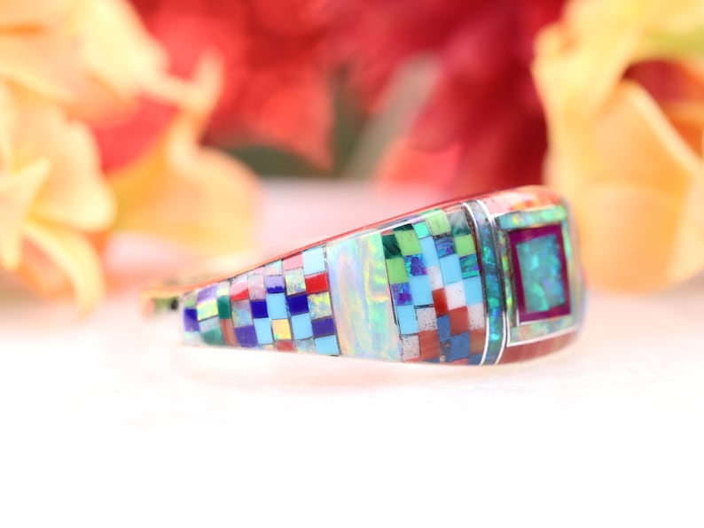 Size 9 Fire Opal Zuni Inspired Inlay Ring Sterling Silver Geometric Multicolor Gemstone Inlay Jewelry One of a Kind Rainbow Ring