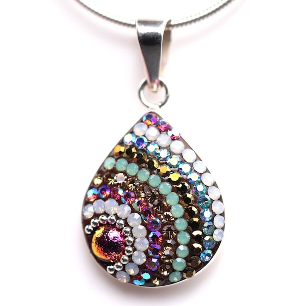 Sterling Silver Micro Mosaic Teardrop Pendant - Featuring Dichroic Glass & Austrian Crystal - Handmade Jewelry - Sparkly, Colorful, Unique