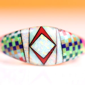 Size 9.5 - Southwestern Style Geometric Multicolor Gemstones Inlay - One of a Kind Ring - 925 Sterling Silver - Unique Gift for Her