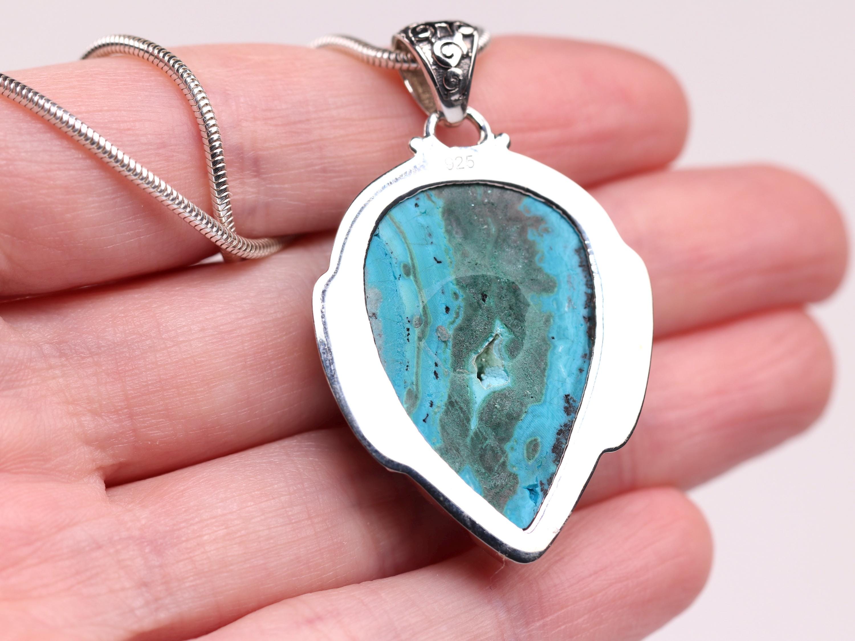 Collier Artisanal En Azurite-Malachite Naturelle Et Argent Massif 925, Longueur 45.5 Cm