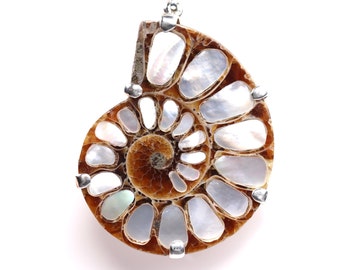 Large Ammonite Pendant with Mother of Pearl Inlay - Sterling Silver Statement Necklace - Ammonite Fossil Jewelry